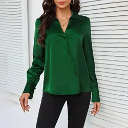 New Green Ladies Satin Shirt Cross V-neck Top Women's Shirt Sleeves Open Button Shirt Sleeves Elegant 2024 Autumn Women's Blouse