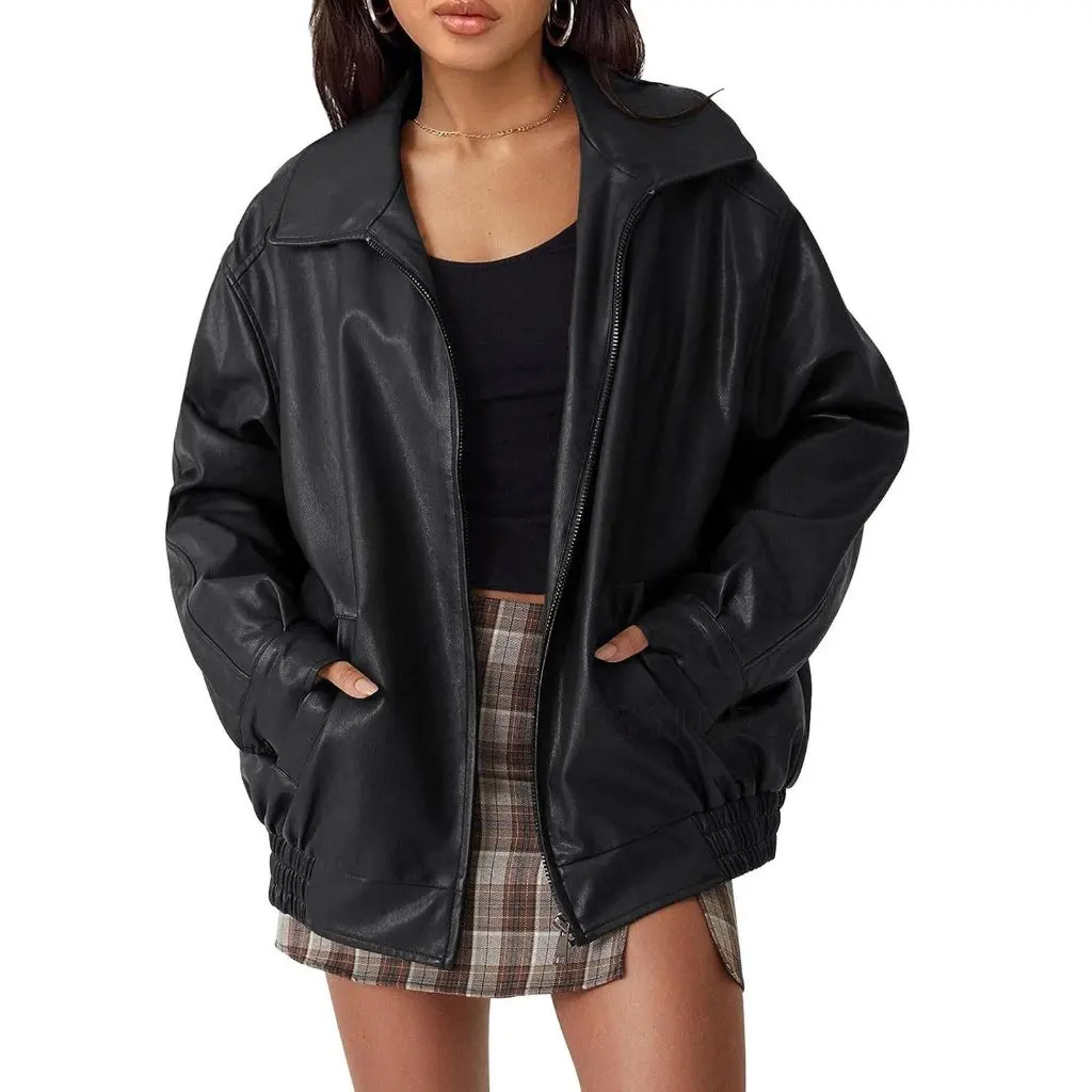 Damen-Lederjacke im Biker-Stil, europäisches und amerikanisches Design, Revers-Reißverschluss, PU-Lederoberteil mit elastischem Saum