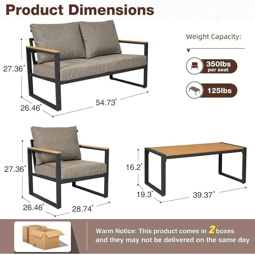 4-Piece Outdoor Patio Furniture Set with Coffee Table, Metal Construction, Washable Cushions
