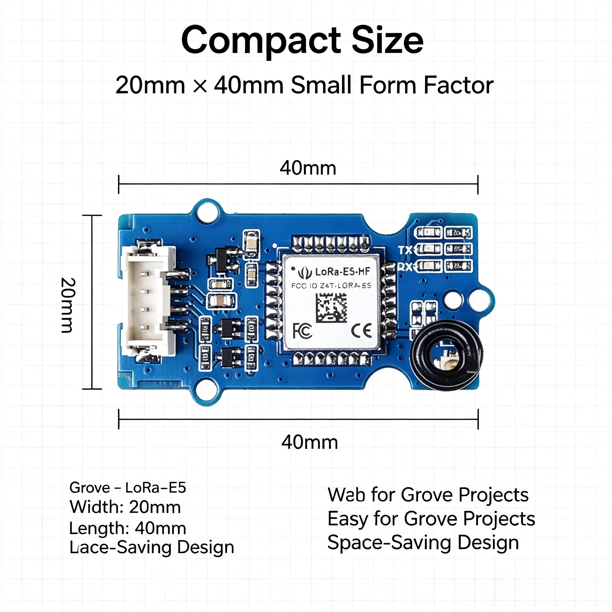 Grove LoRa‑E5 Communication Module, STM32WLE5JC, Low‑Power, Supports EU868, US915, LoRaWAN
