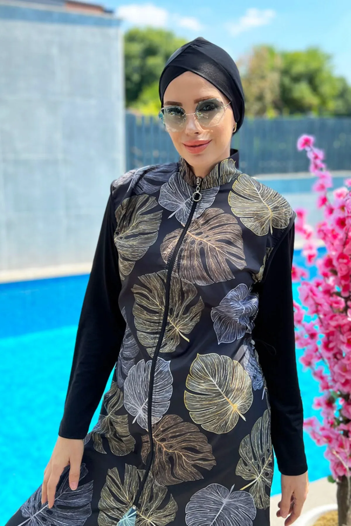 

3PCS/set Burkini Muslim Long Swimsuit Floral Print Long Sleeved Long Swimsuit High Elasticity Skin Friendly UPF50-UV Protection