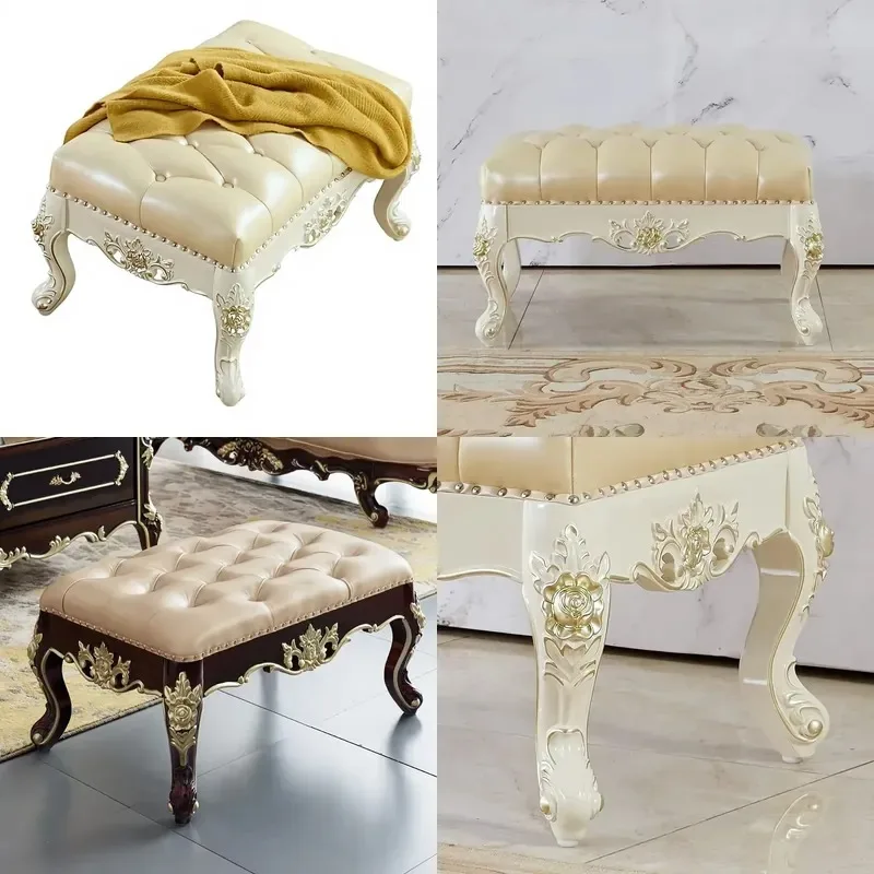 European Solid Wood Carved Flower Bench Ottoman Leather Upholstered White Shoe Changing Stool Bedroom End Stool Model 901