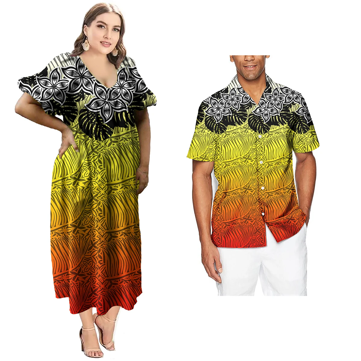 Polynesian Tribal Clothing Hawaiian Tiare Flower Print Custom Couples Matching Outfits Shirts Formal Cocktail Dresses Design