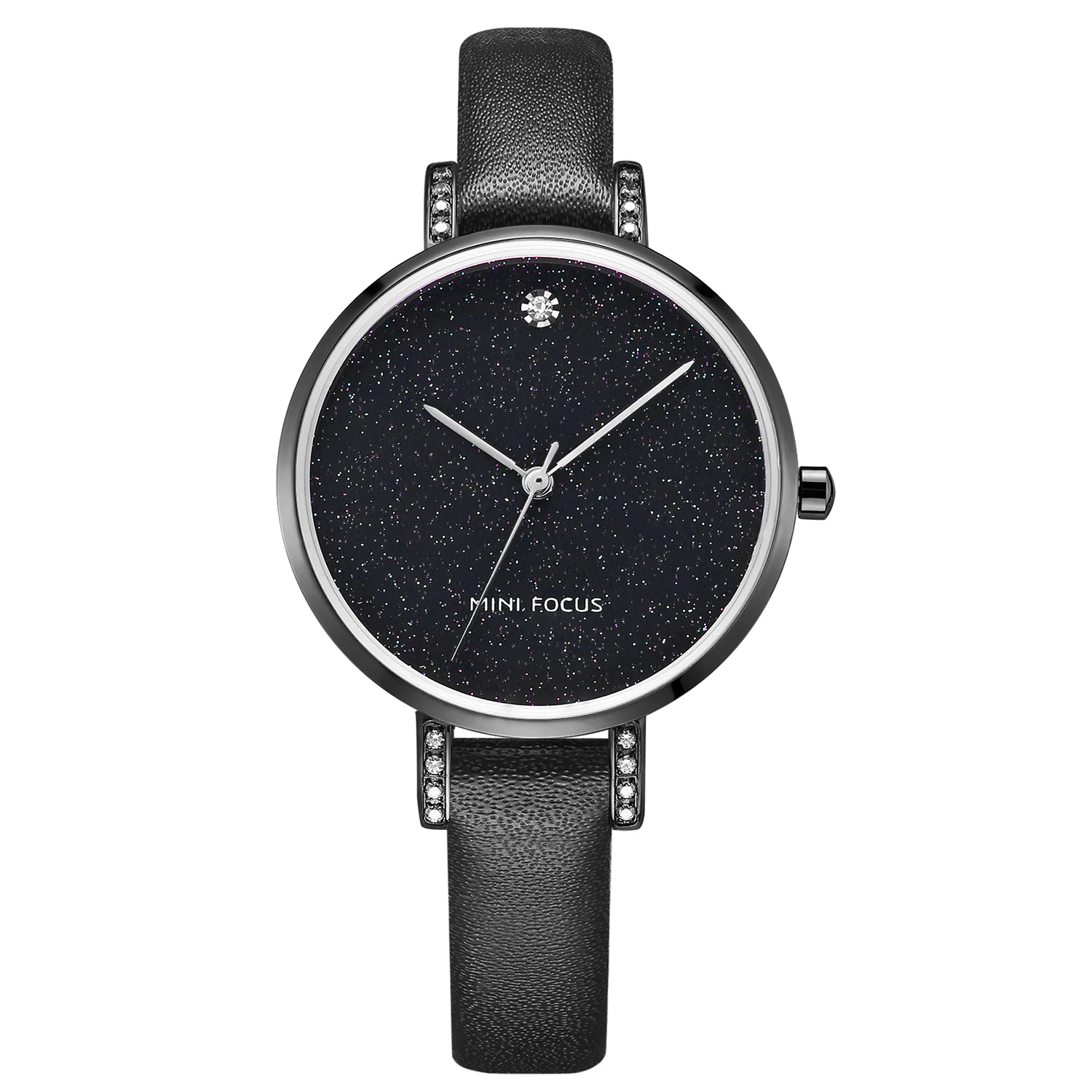 MINI FOCUS MF0159L Women Luxury Watch Diamonds Design Blue Genuine Leather Strap Waterproof Ladies Quartz Watches