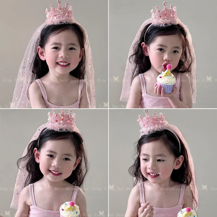 

Children's birthday headwear: A girl's shiny and high-end veil headband, a cute little girl's crown, veil headband, and hair clip