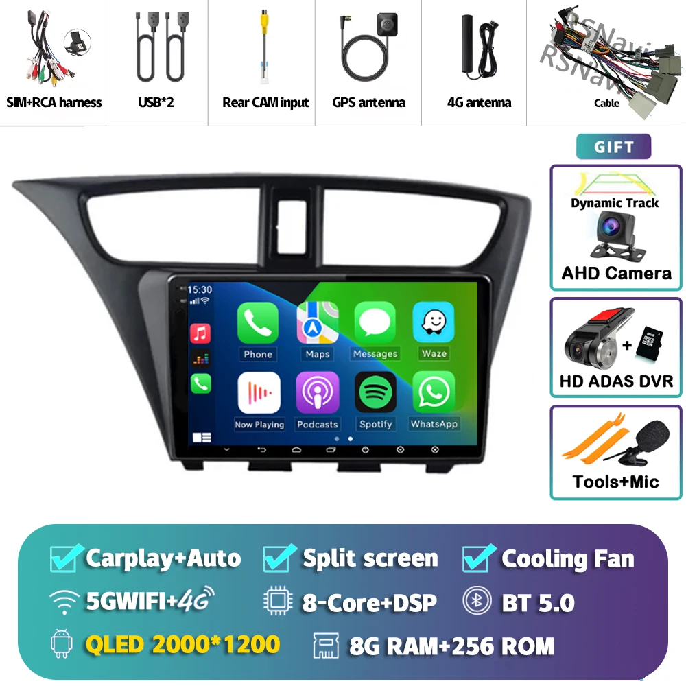 Android 15 Carplay Auto Voor Honda Civic Hatchback 2012 2013 2014 2015 2016 2017 Multimedia Autoradio Speler WIFI + 4G DSP Stereo