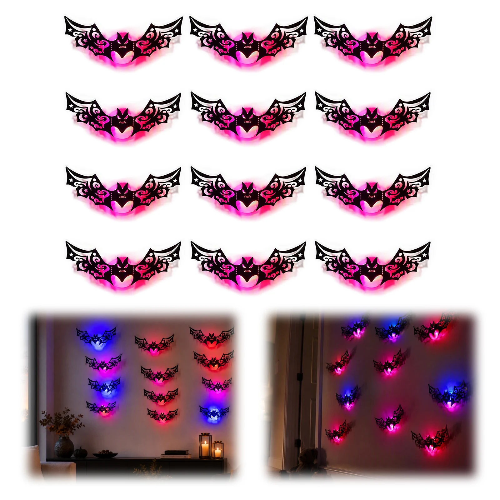 Halloween 3D Hollow Bat Night Light Stickers PVC Wall Decals Spider Pumpkin Reusable Home Decor