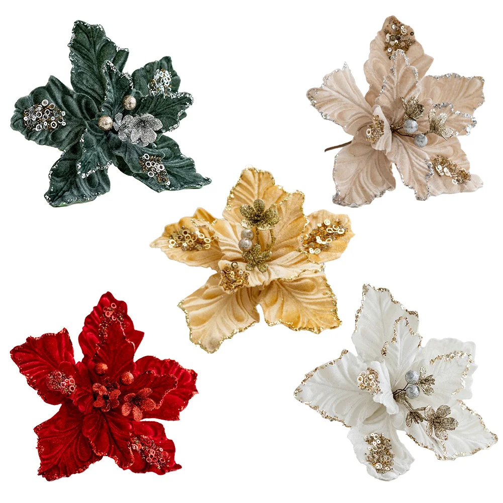 1pc 22cm Christmas Poinsettia Glitter Flower Xmas Tree Hanging Ornament Merry Christmas Decor For Home New Year Navidad 2025