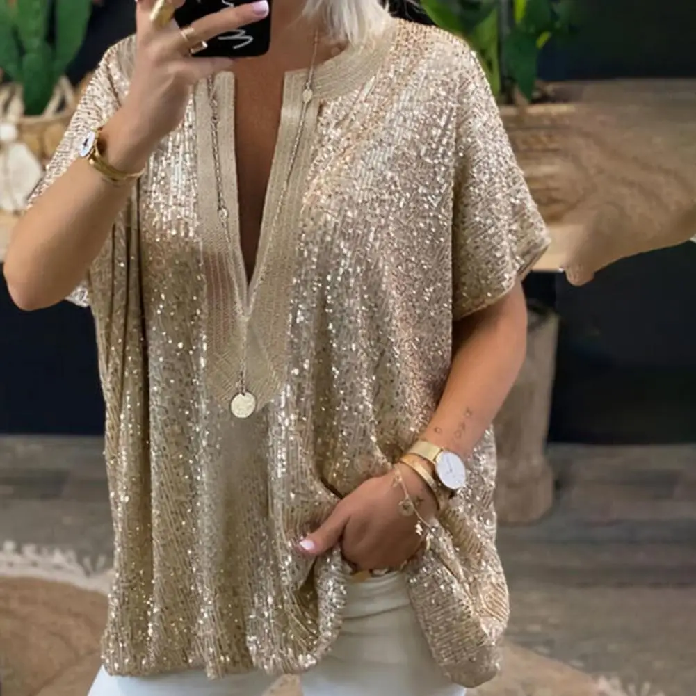 Ladies Sequins Summer T-shirt Tops Women T-shirt 2 Colors Cool Women Solid Color Short Sleeve Oversize Blouse V Neck Sexy Blouse