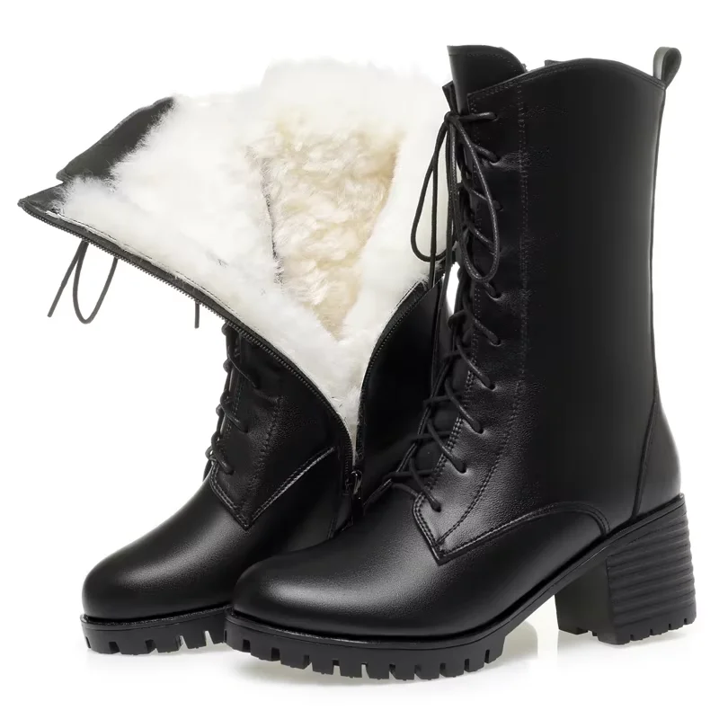 DIMANYU Female Knight Boots British Wind 2024 New Natural Wool Women's Mid-calf Boots Genuine Leather Ladies Snow Boots