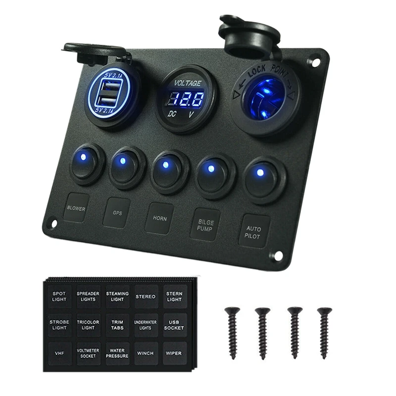 

5 Gang Rocker Switch Panel 12-24V RV Car Truck Boat Vehicles ON-Off Ignition Toggle With Voltmeter Dual USB Charger Blue