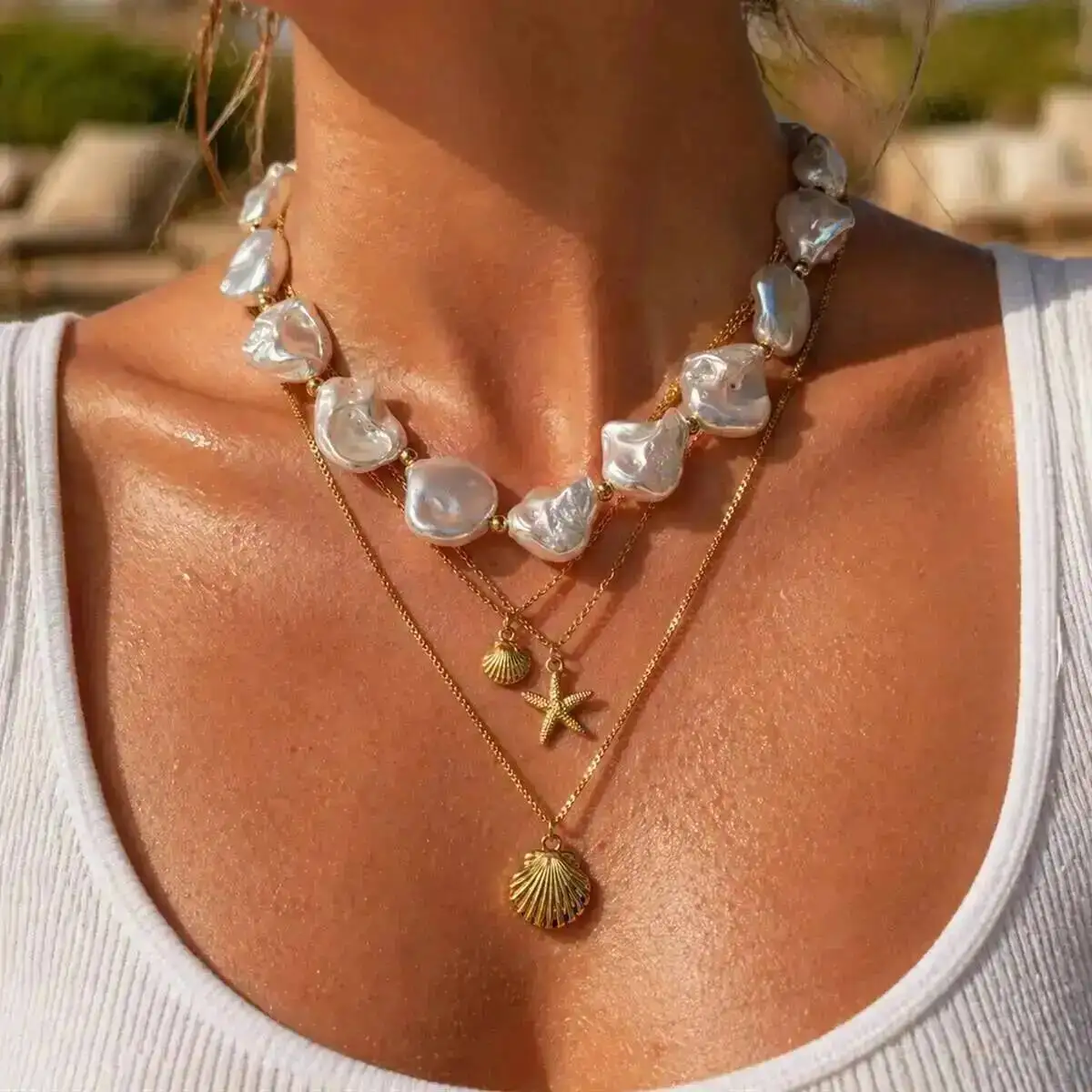 KunJoe 4Pcs/Set Trendy Gold Plated Stainless Steel Starfish Conch Pendant Necklace Women Exquisite Imitation Pearl Chain Jewelry