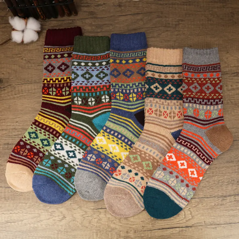 5 Pairs/Lot Pack Women Socks Autumn Winter Snow Thickened Thermal Warm Folk-custom Retro Nordic Style Wool Socks Christmas Gift