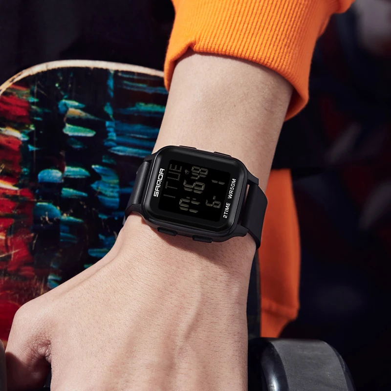 Sanda marca superior de luxo relógios masculinos luminosos à prova dwaterproof água quadrado eletrônico digital relógios pulso multifuncional cronômetro