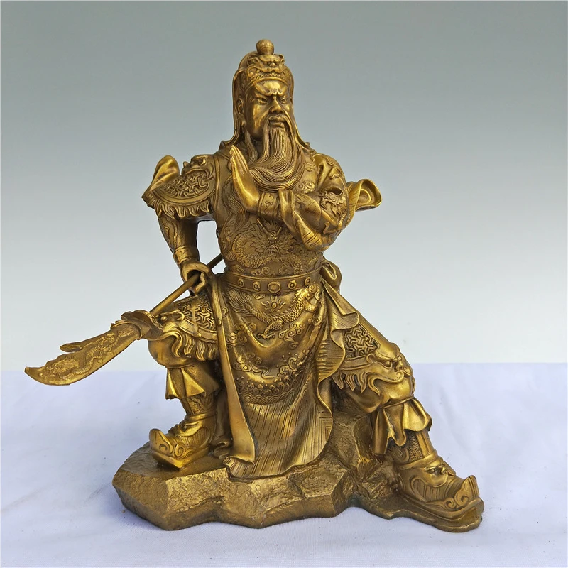 with Horizontal Sword, Statue for Business Worship, Brass Guan Gong Figurine Craft Ornament