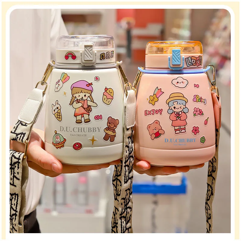 

1000ml large capacity 304 stainless steel insulated cup for adults and children with shoulder straps, large belly straw cup, ins