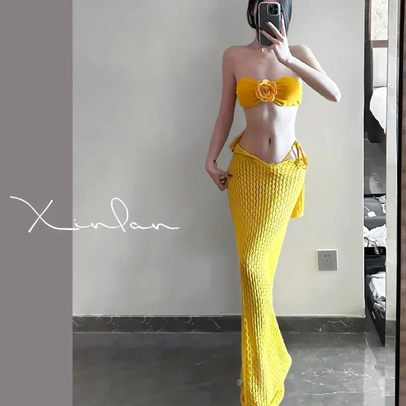 

Women's 3 Piece Bandeau Bikini Set Flower Strapless Swimsuit with Crochet Maxi Skirt Cover for Beach Vacation