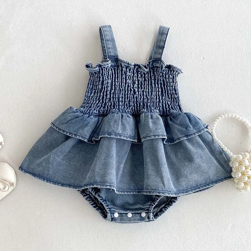 2025 New Summer Newborn Baby Girls Romper Sleeveless Solid Color Denim Toddler Baby Girls Jumpsuit 0-24M Baby Girls Clothing