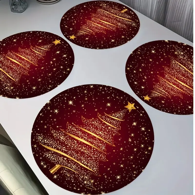 VIKAMA Wine Gilded Holiday Tree Round Placemat Deep Scarlet Canvas Glitter Fir Star Sparkle Luxury Xmas Table Mat Rustic Charm