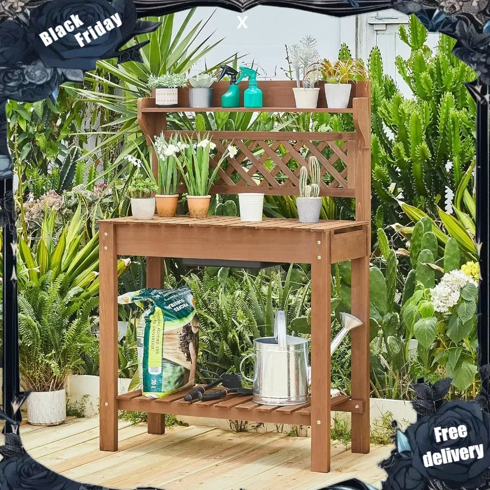 Potting Table Wood Workstation Table w/Sliding Tabletop w/Removable Dry Sink Storage Shelves Outdoor Garden Work Benches