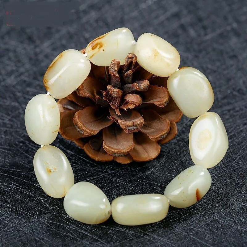 

Natural Hetian Jade Tumbled Stone Bracelet Bangles Men Women Genuine Chinese Hetian Raw Jade Stone With Skin Nephrite Bracelets