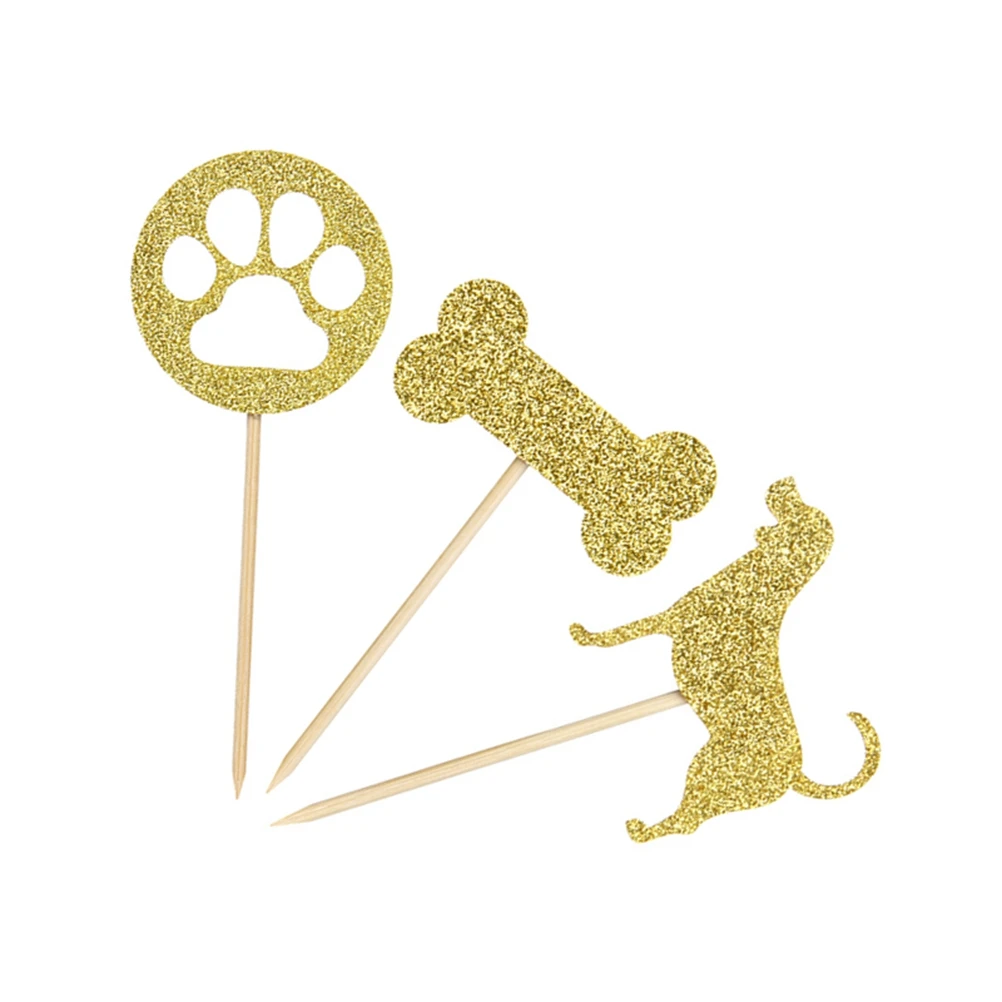 

12Pcs Dog Cake Topper Bone Footprint Shining Decor Insert Birthday Party Dessert Cake Decoration Dog Dessert Decor