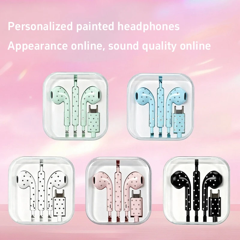 Cute Polka-dot Star Type C Earphone For Mi Iphone Samsung Headset Hifi Gaming Music Wired Earbuds Korean Style In Ear Headphones view 4