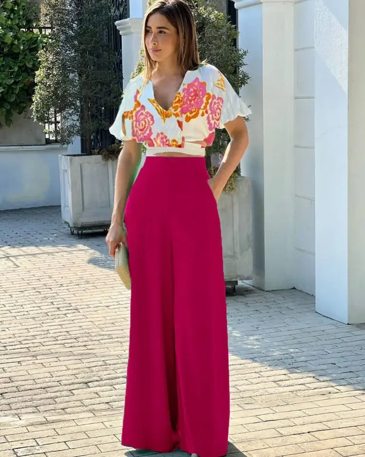 Conjunto de dos piezas de verano para mujer, Top de manga abullonada con cuello en V, pantalones largos de pierna ancha, traje de dos piezas