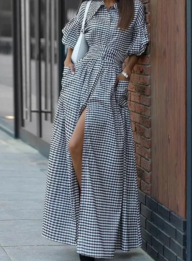 

Новое женское длинное повседневное модное платье-рубашка в зеленую и красную клетку с пышными рукавами