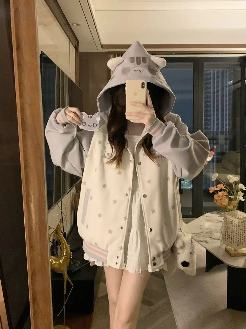 

Милая женская осенне-зимняя хлопковая куртка с капюшоном и ушками, свободного кроя, с длинными рукавами, на пуговицах, в бейсбольном стиле