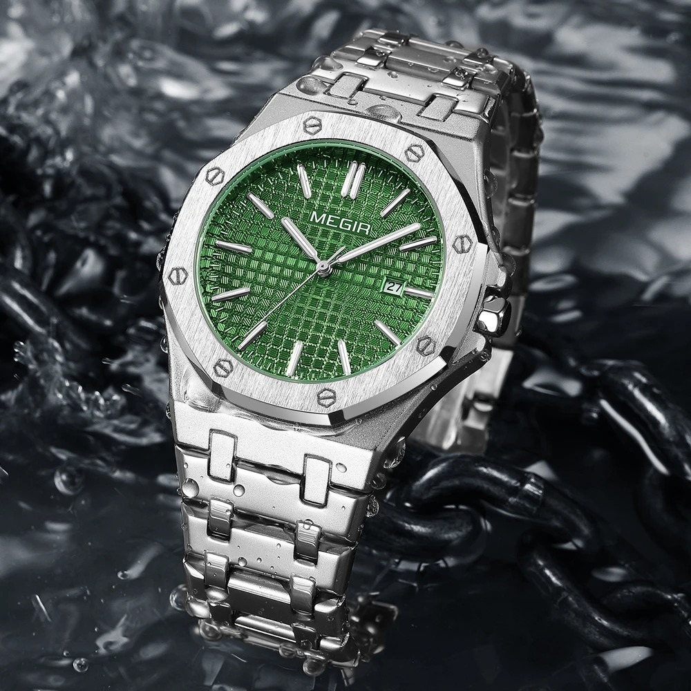 ساعات MEGIR للرجال من الفولاذ الناعم ساعة تناظرية كوارتز أصلية للرجال مقاومة للماء ومضيئة بمينا التاريخ