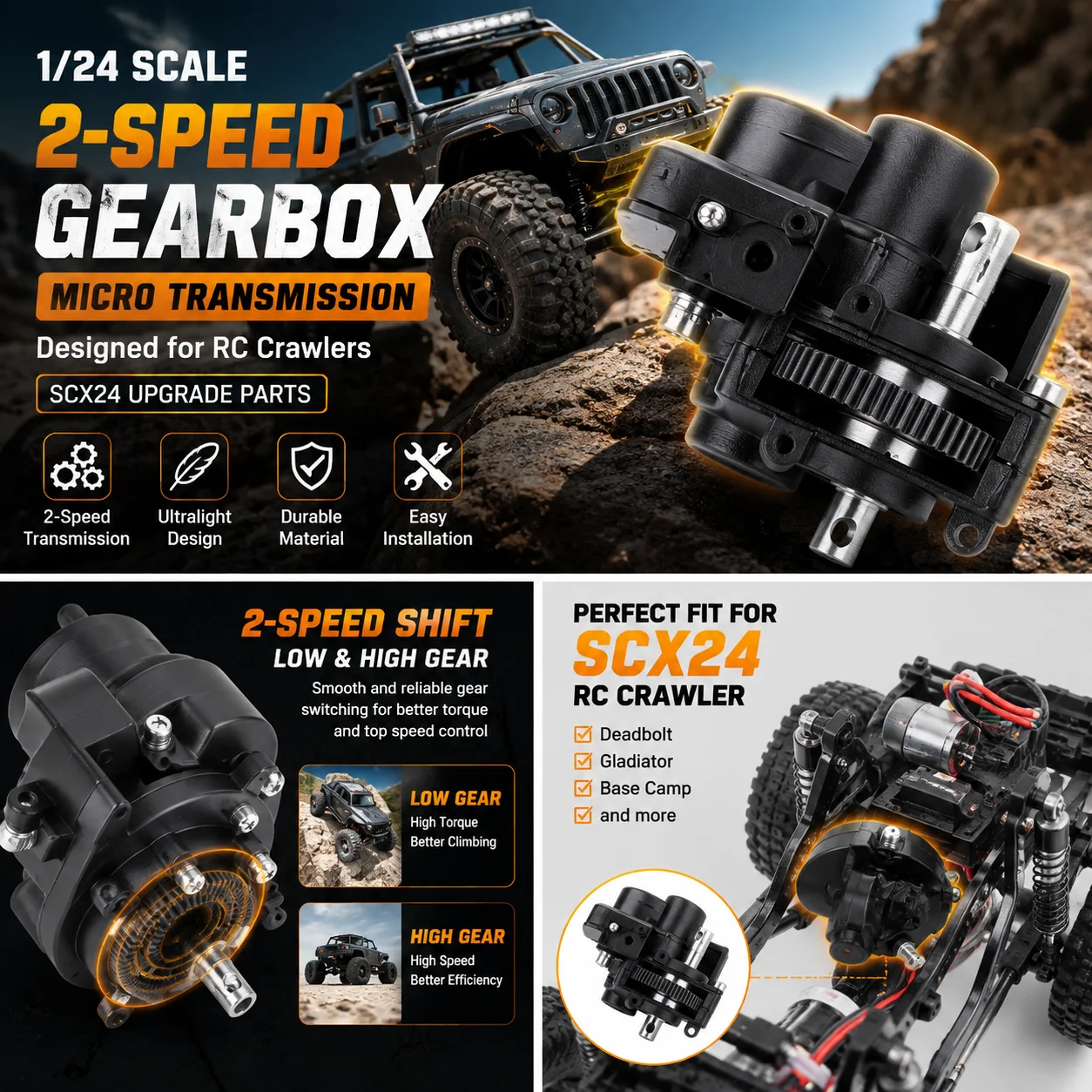 1/24 Scale RC Crawler 2-Speed Ultralight Plastic Gearbox Micro Transmission for Axial SCX24 Deadbolt Gladiator Base Camp Parts