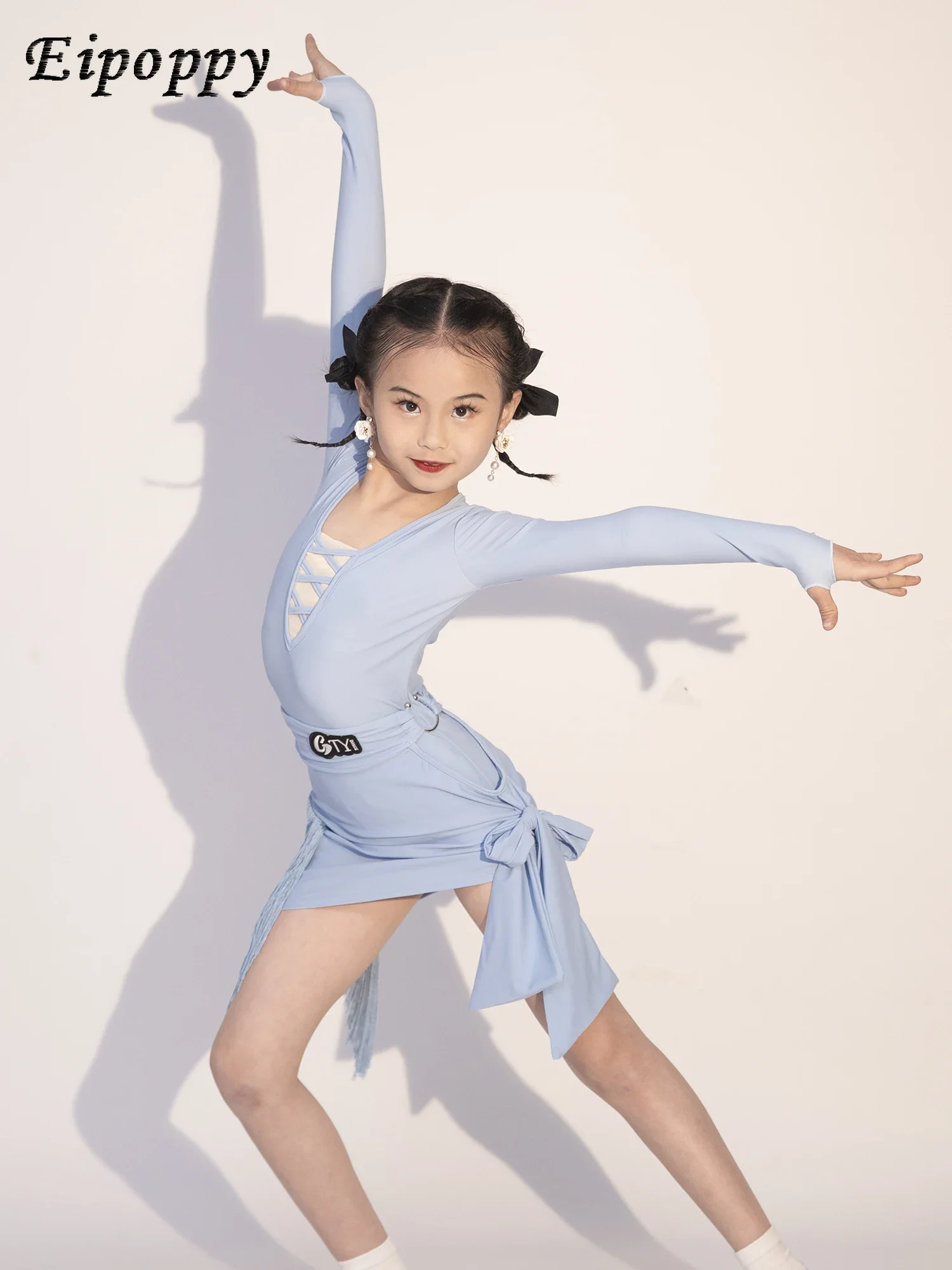 ملابس رقص لاتينية للأطفال ، أكمام طويلة ، ملابس تمارين ، زي رقص للبنات