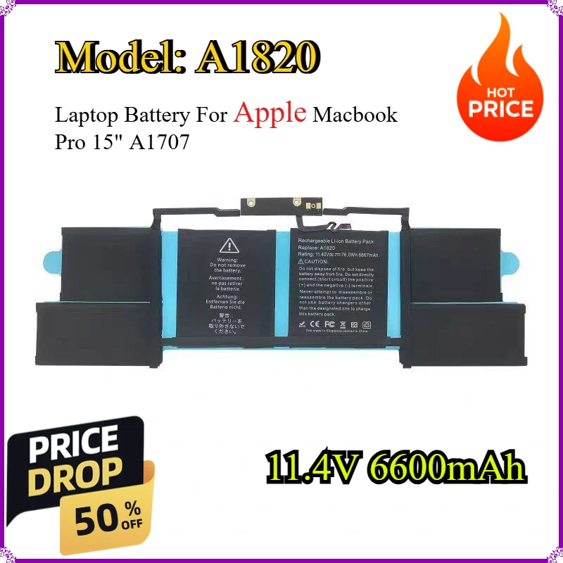 

A1820 6600mAh High Performance Laptop Battery For Apple Macbook Pro 15" A1707