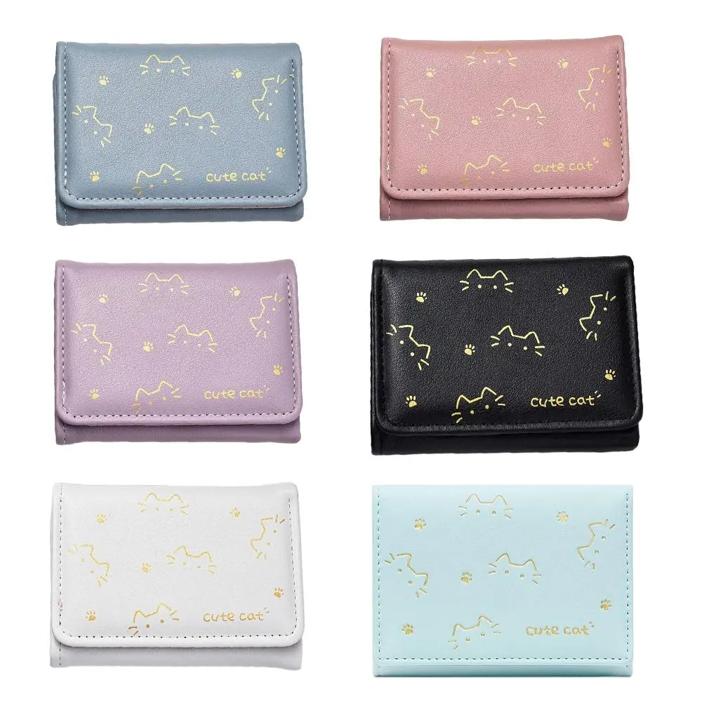 Fashion 3 Folds Kitten Printed Wallet Cute Kitten Dog PU Leather Coin Purse INS Style Women Money Bags for Girls Students Gift