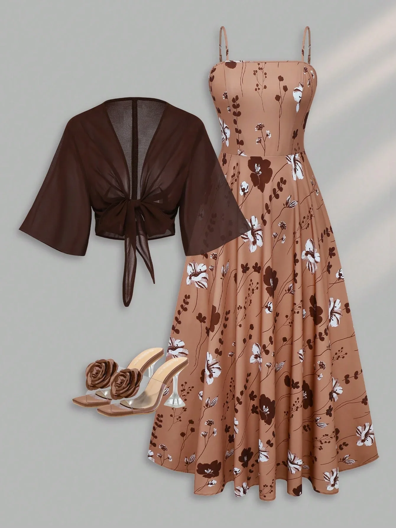 

Women's Elegant Ditsy Floral Chiffon Dress With Shawl, 2 Pieces Set Spring