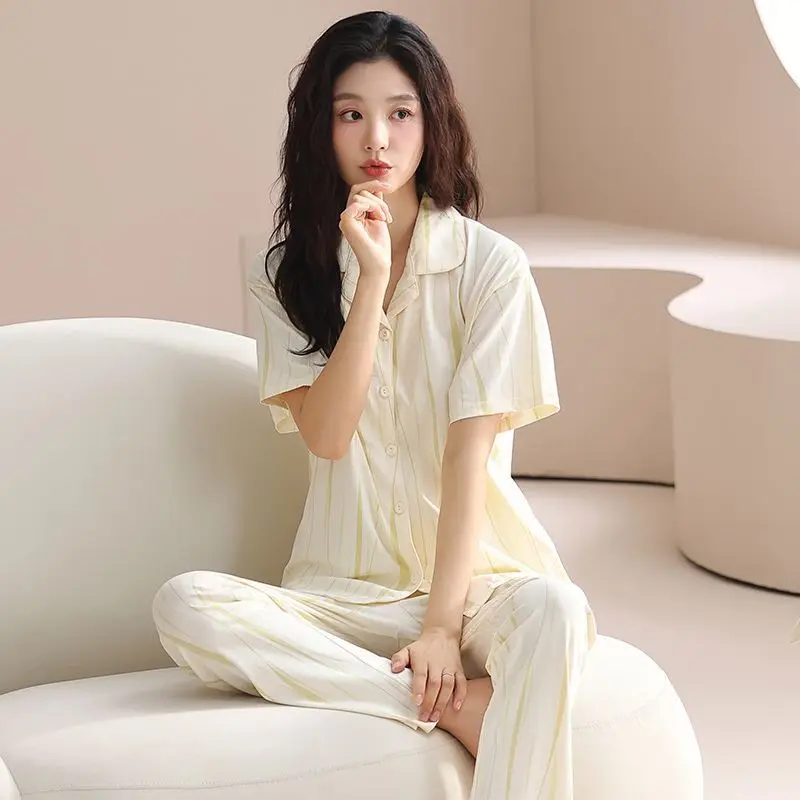 Cardigan Pajamas Women's Summer Thin Cotton Pijamas Short-sleeved Trousers 2025 New Korean Version Sweet Simple Loungewear Set