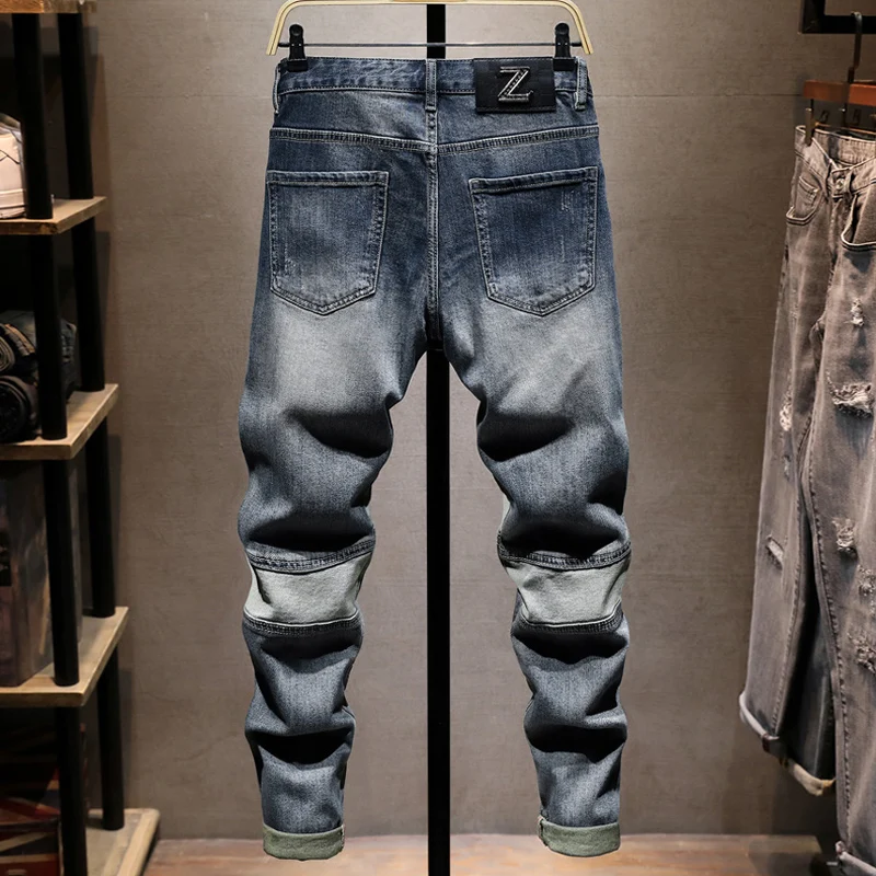 Jeans Pria Perancang Busana Jeans Robek Tambalan Slim Fit Biru Dicuci Retro Celana Denim Antik Y2K Hip Hop Sambungan Pria