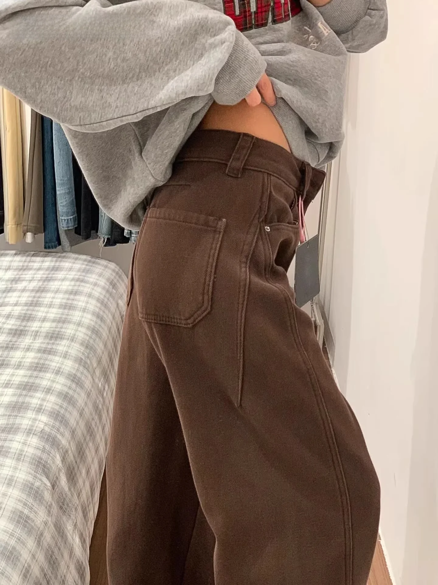 

plus Size Brown Wide Leg Jeans Women's Spring High Waist Loose Slimming Straight Cut Trousers for Pear Shaped Body