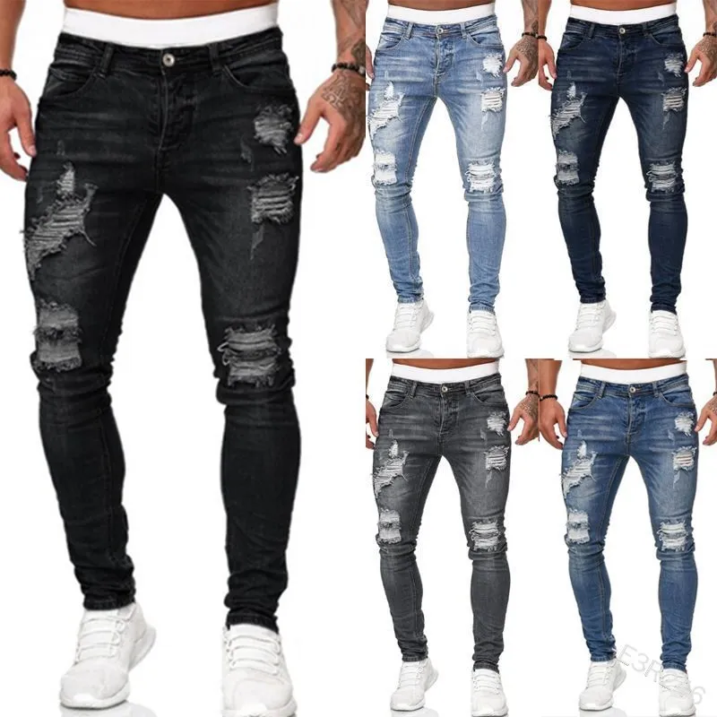 

Street Style Ripped Skinny Jeans Men Wash Pencil Solid Denim Trouser Mens Casual Slim Fit Denim Streetwear Pants S-4XL