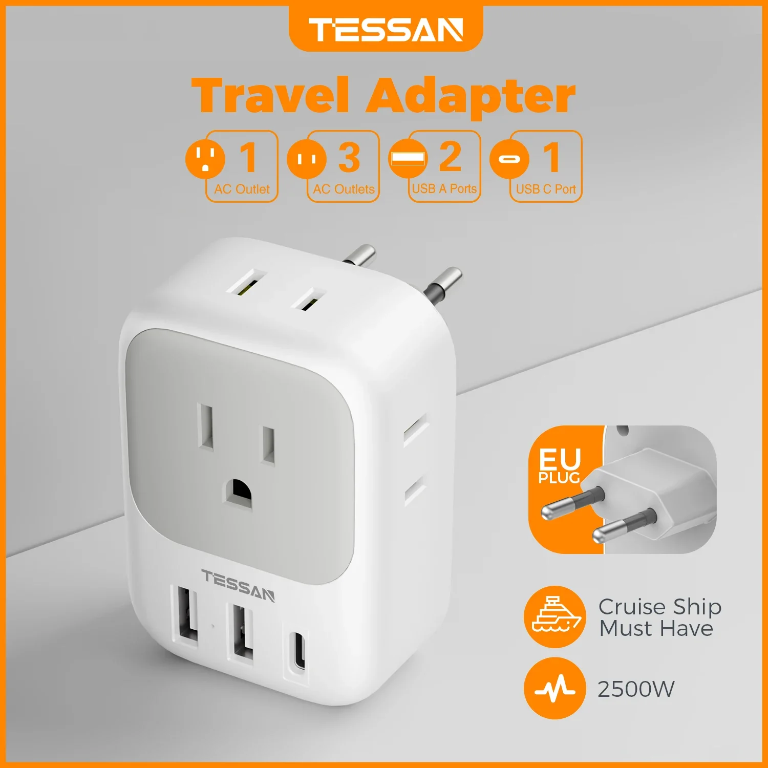 TESSAN European Travel Plug Adapter with 4 Outlet 3 USB  US to  Euro EU Italy Spain France Iceland Germany Greece Travel Adapter