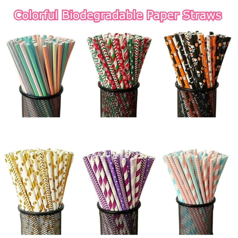 100Pcs Multicolor Striped Paper Straws Biodegradable Disposable Drinking Straws Bulk Eco Friendly for Kids Party Supplies