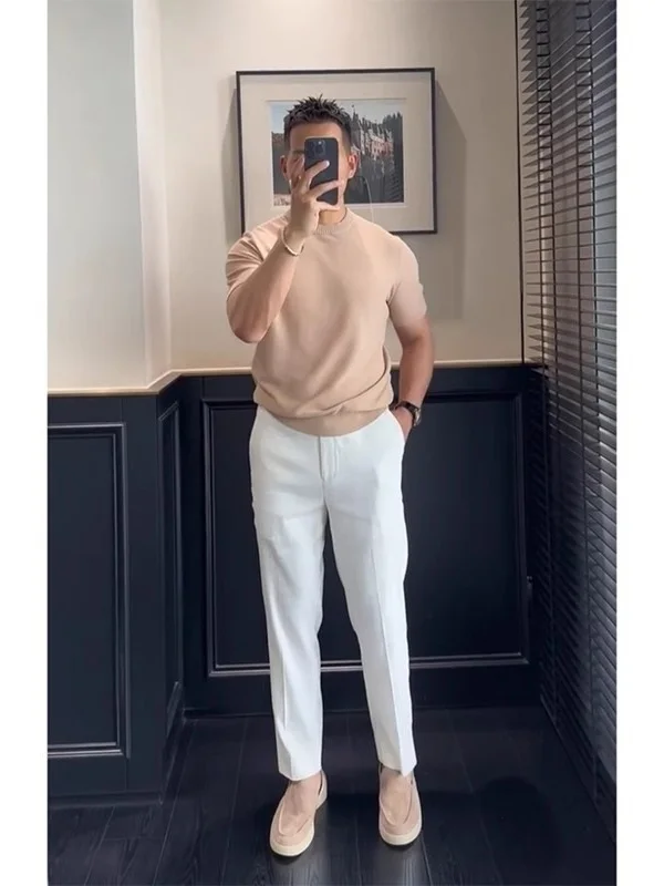 

Летние тонкие прямые брюки-костюм для мужчин, укороченные, стройнящие, белые, повседневные, деловые