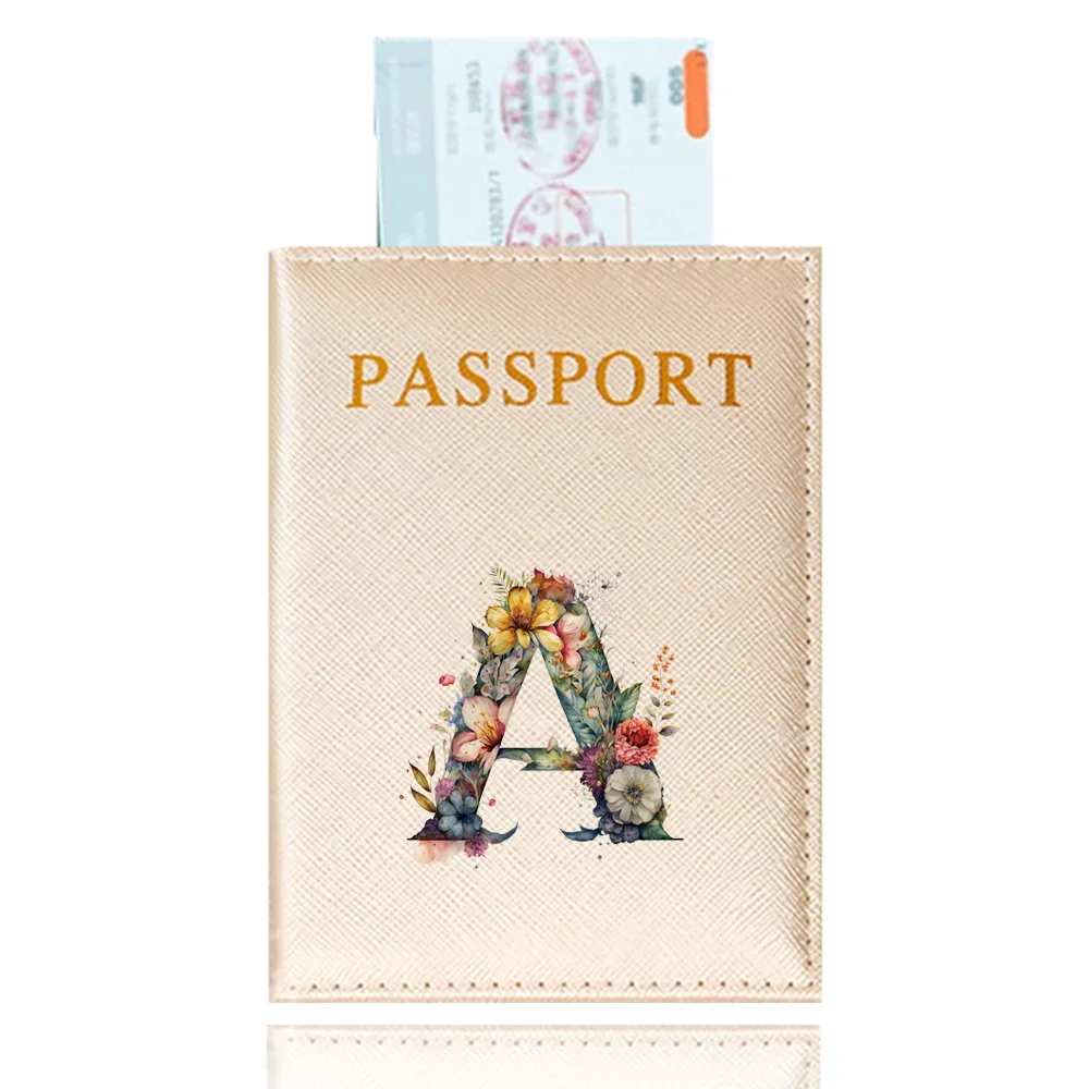 Capa para passaporte à prova d'água, carteira de viagem, cor dourada, cartão de identificação, porta-passaporte, porta-cartão de crédito, série com padrão de letras florais