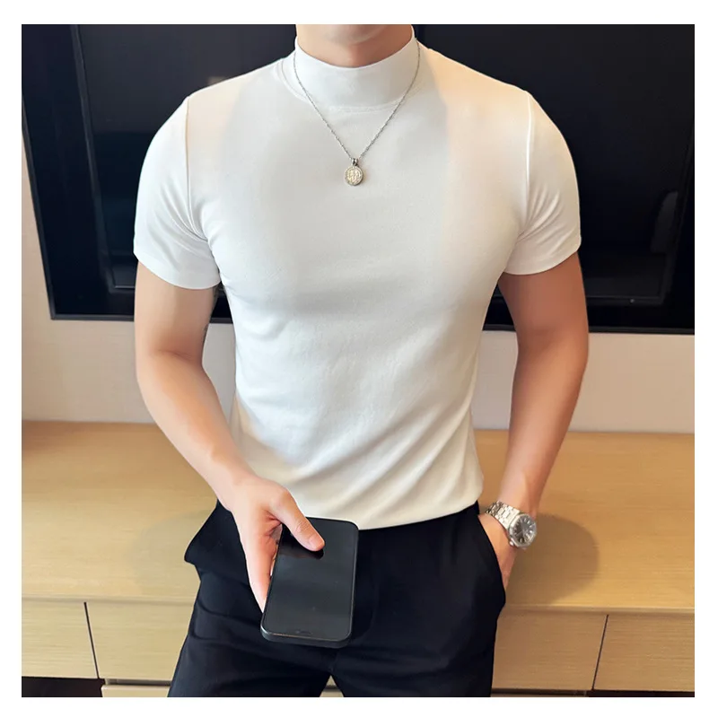 Autumn Half High Neck Elastic T-shirt Slim Fit Starry Sky Short Sleeved Tshirts Cotton Casual Business Tee Tops Men Clothing