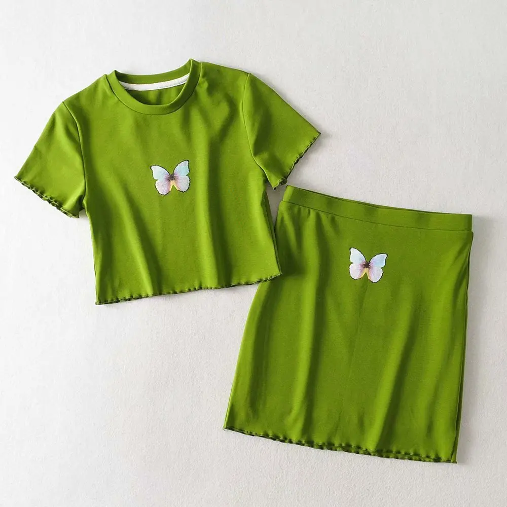 Rundes Ne ort Sve T-Shirt Top + hohe Taille elastischer Schlankheitsrock Print Set Baumwolle Sommer Faion Damen Ens...