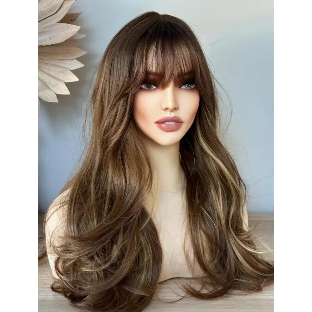 

Long 24 inch 180Density Natural Highlight Brown Wave 5x5 Silk Base Jewish Human Hair With BabyHair Bangs HD Lace European Hair