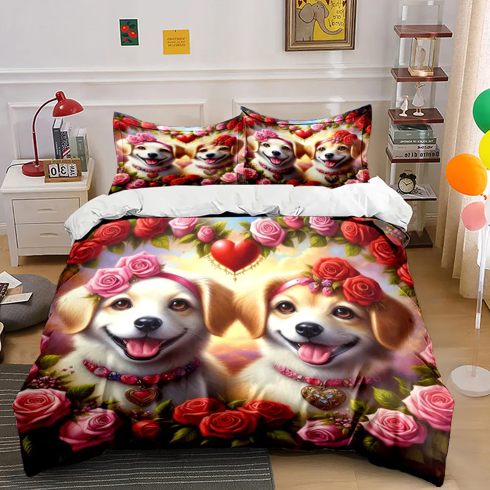 Romantic moment of dogs with roses Print Duvet Cover Bedding Set Included 1*Duvet Cover 2*Pillowcases Luxury gifts