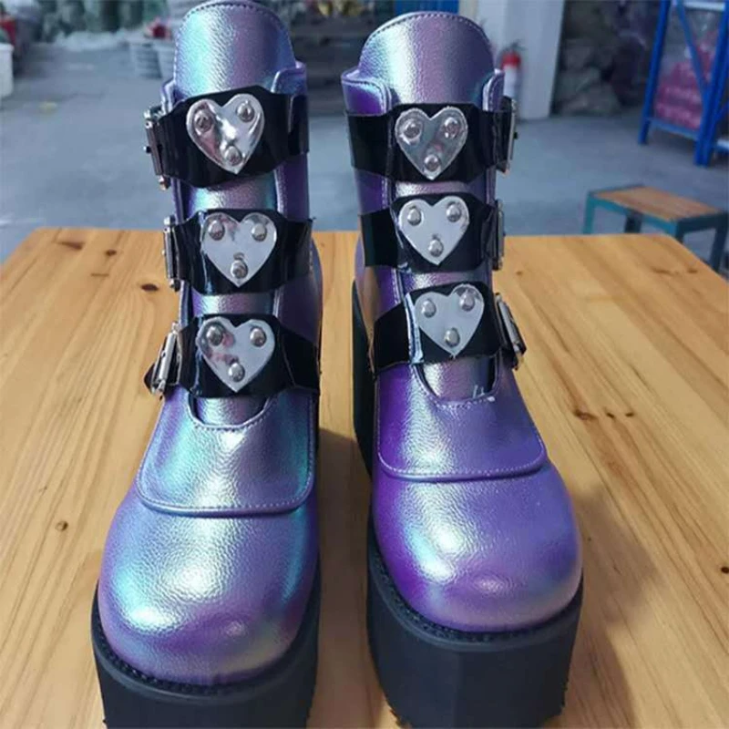 Stivaletti gotici per donna Stivali da moto con zeppa e plateau Stivali da donna super Décolleté Cintura da donna autunnale Scarpe punk Lolita rotonde