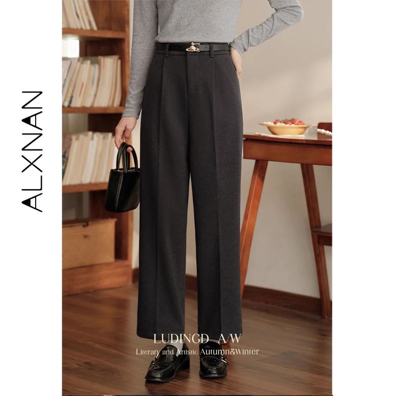 ALXNAN Plus ขนาดผู้หญิงกางเกงสีดําฤดูใบไม้ร่วงแฟชั่นตรงกางเกงขากว้างสบายๆ Office Lady Elegant Baggy กางเกง D08528-1